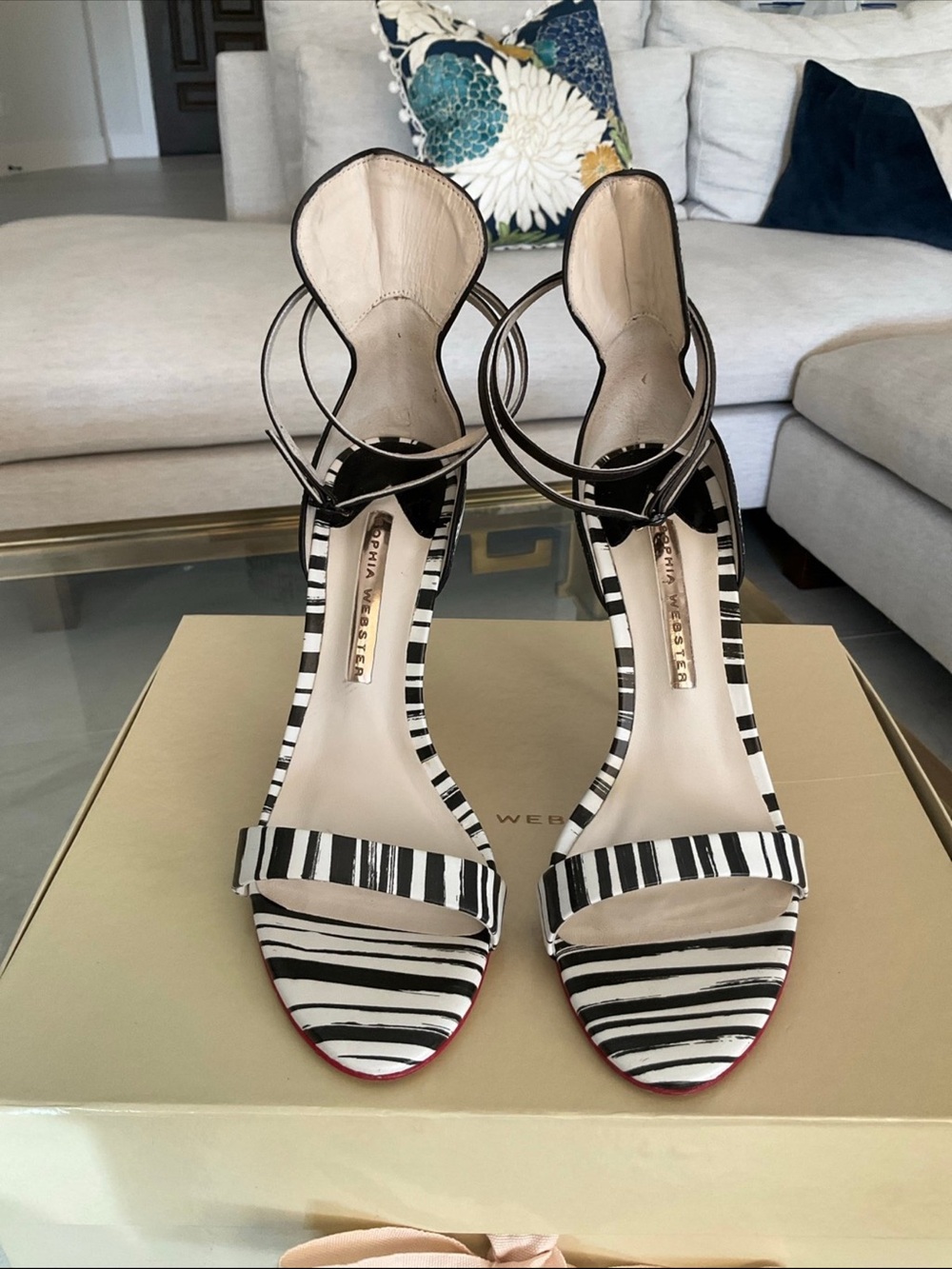 Sophia Webster Nicole black/white stripe red trim double ankle strap heels, 38.5 - Picture 3 of 13